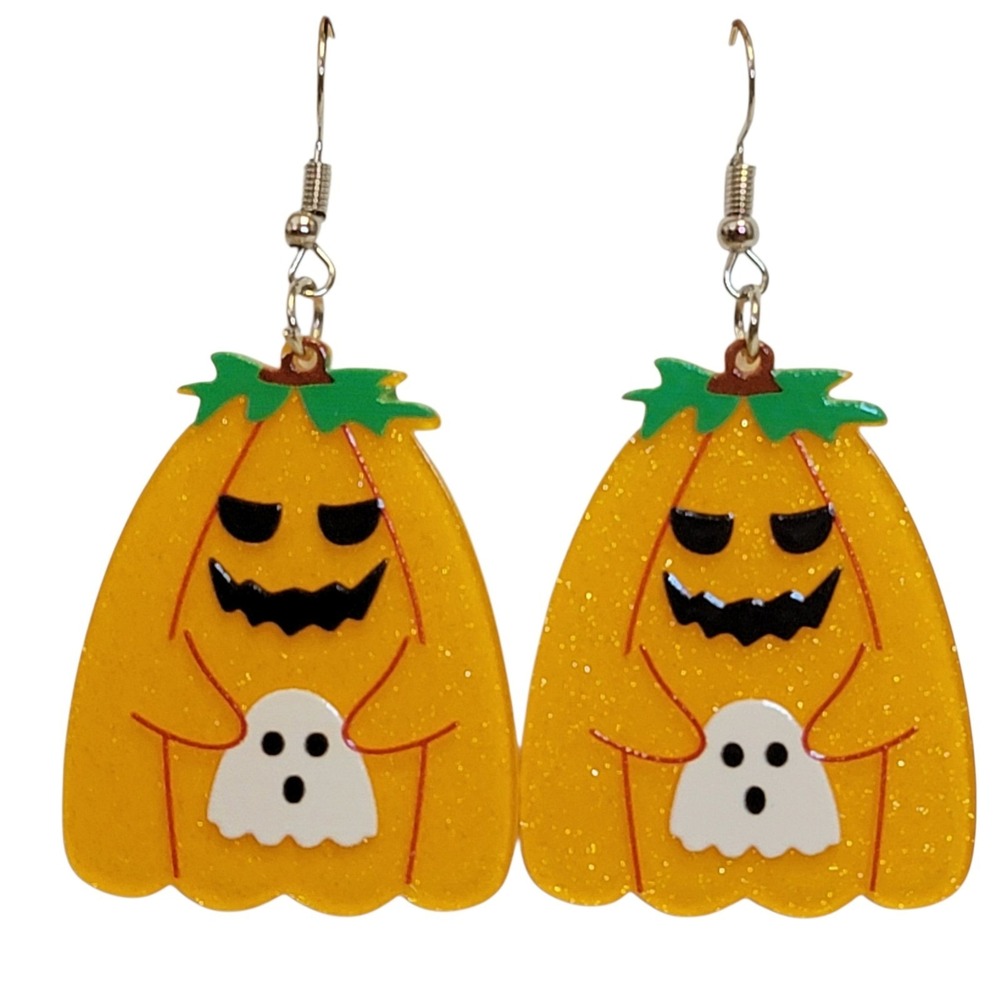 Jack O Lantern Ghost Earrings Dangle Orange Glitter Pumpkin Halloween Spooky